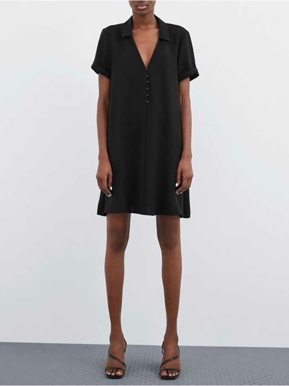 Zara Black Short-Sleeve V-Neck Shirt Dress